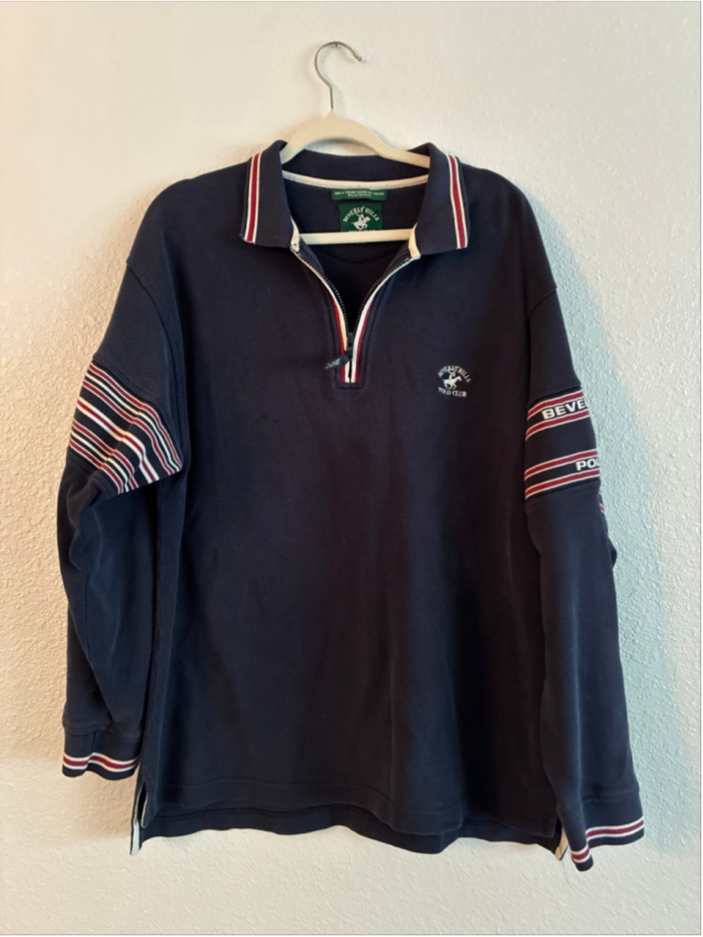Vintage Men's Beverly Hills Polo Club Navy Quarter-Zip Polo Shirt, Size XL